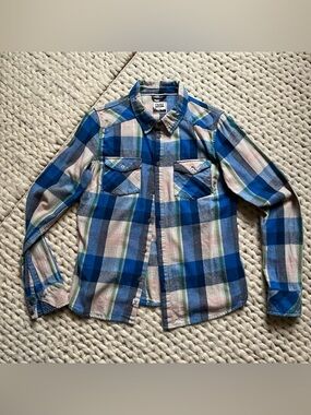 tna Blue and Green Plaid Long-Sleeve Button-Down Shirt | large